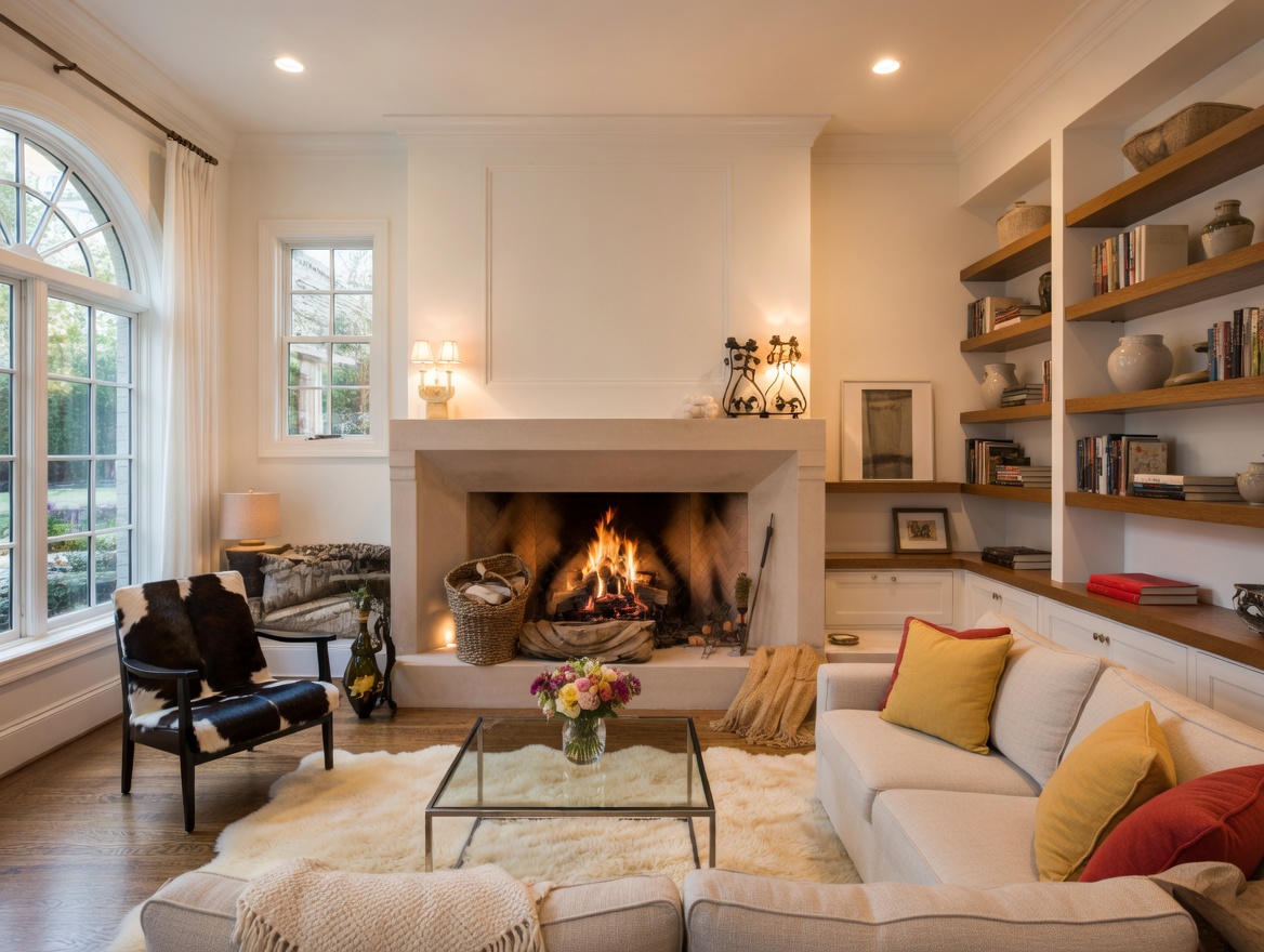 Salon chaleureux avec cheminée allumée